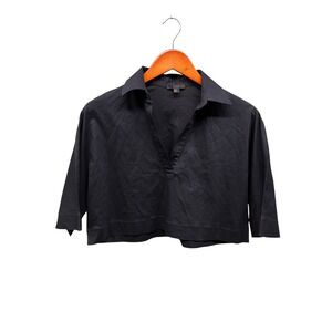 COS Women's‎ XS Navy Collared Cropped Shirt 3/4 Sleeve V Neck Minimal Casual Top